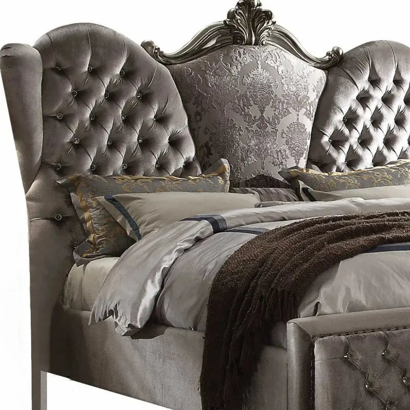 Gray Queen Tufted Upholstered Velvet Bed Frame with Nailhead Trim Homeroots Bed & Bath