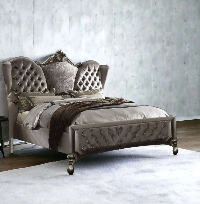 Gray Queen Tufted Upholstered Velvet Bed Frame with Nailhead Trim Homeroots Bed & Bath