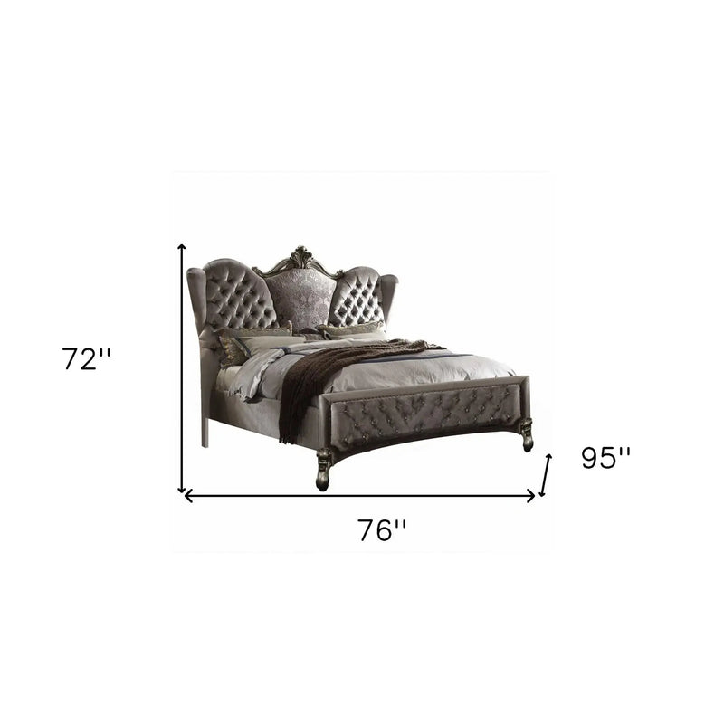Gray Queen Tufted Upholstered Velvet Bed Frame with Nailhead Trim Homeroots Bed & Bath