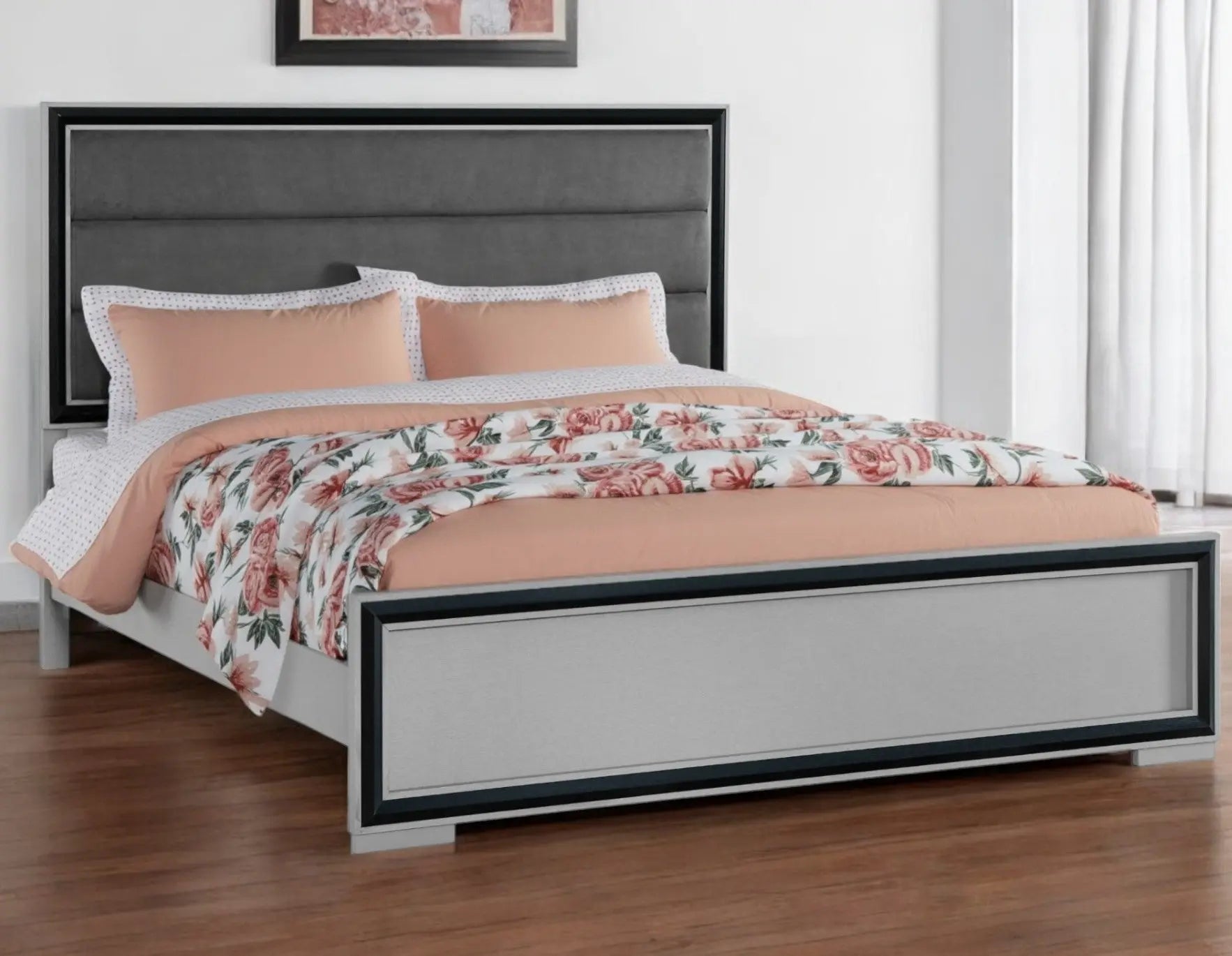Gray Ribbed Texture Wood And Upholstery Queen Bed Frame Homeroots Bed & Bath