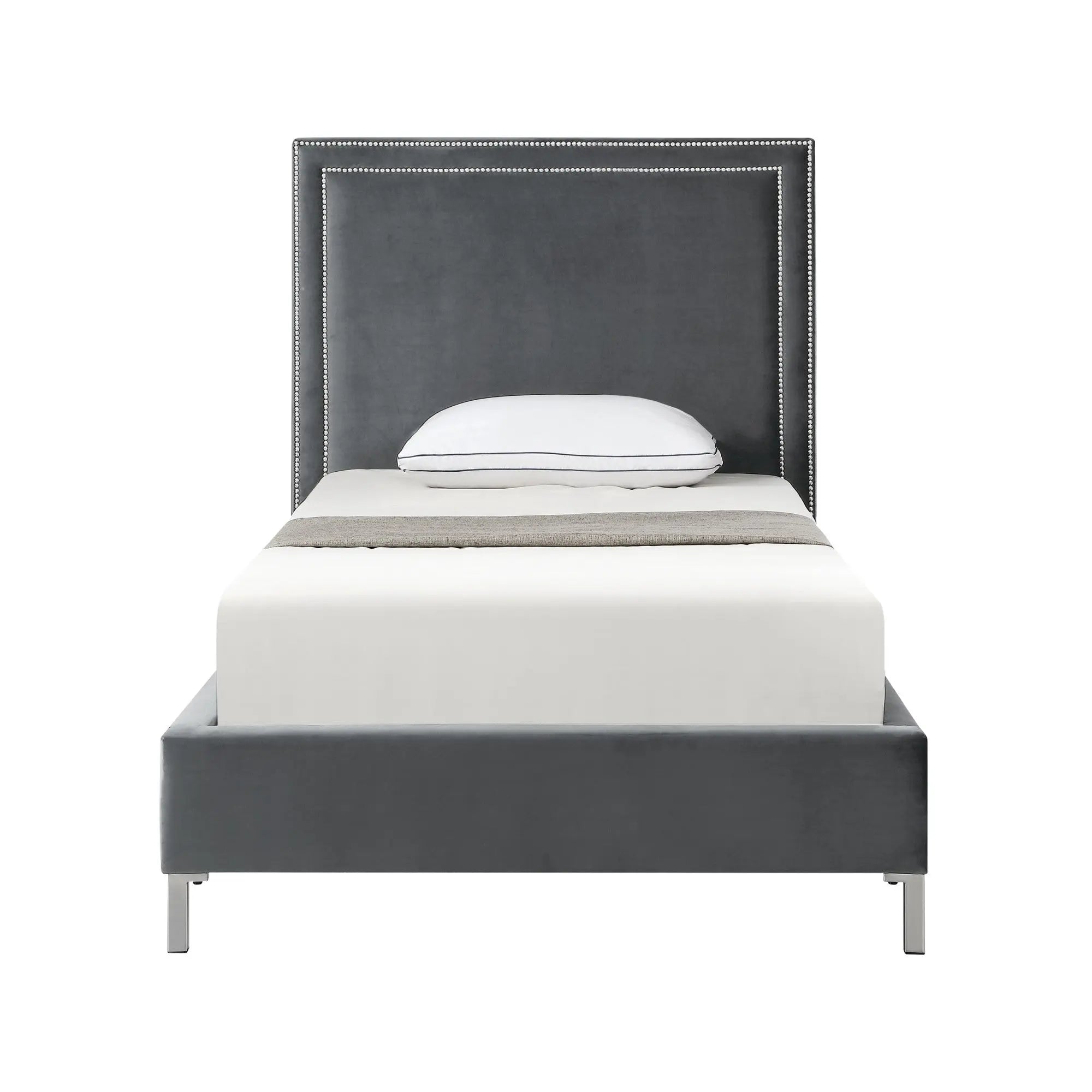 Gray Solid Wood Full Upholstered Velvet Bed with Nailhead Trim Homeroots Bed & Bath