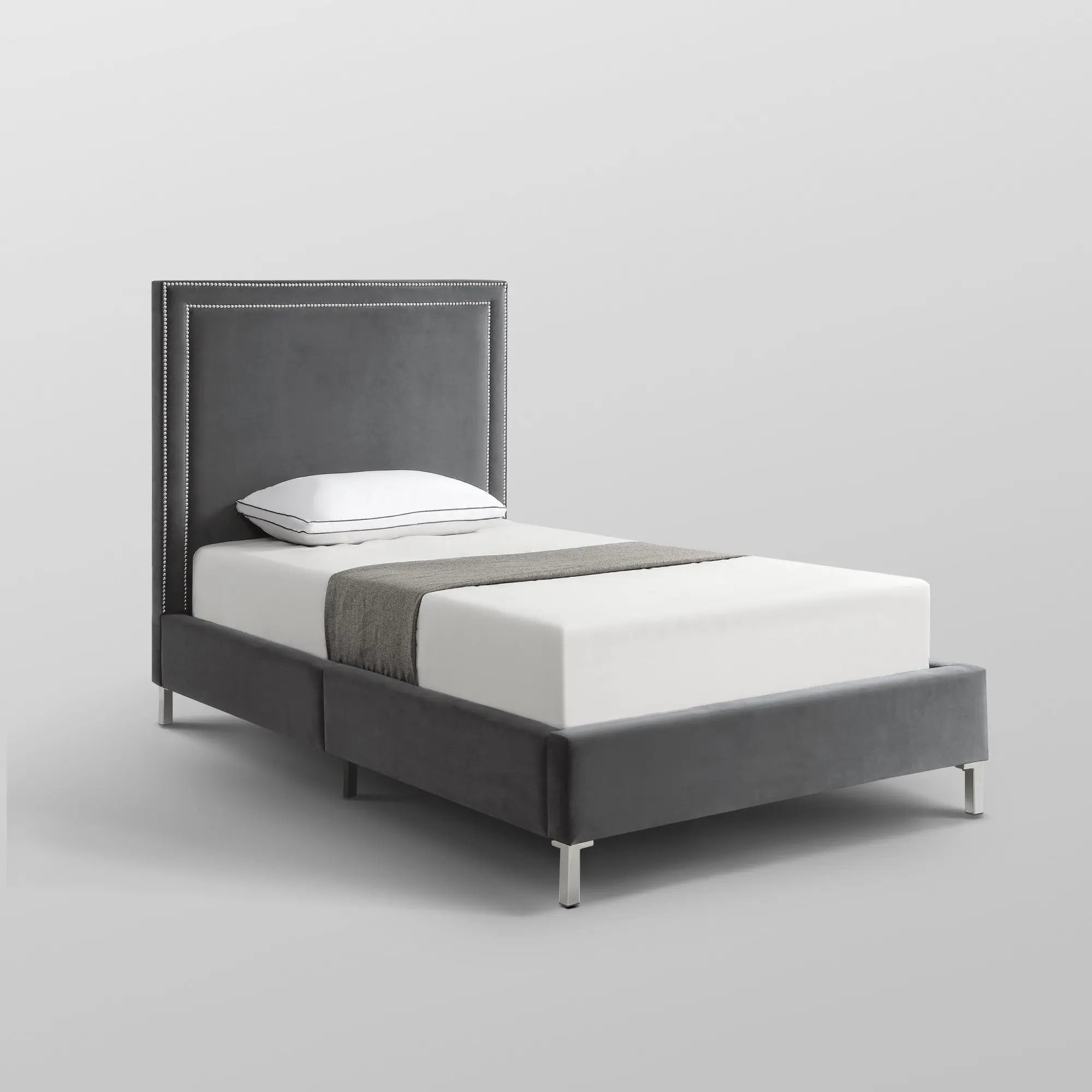 Gray Solid Wood Full Upholstered Velvet Bed with Nailhead Trim Homeroots Bed & Bath