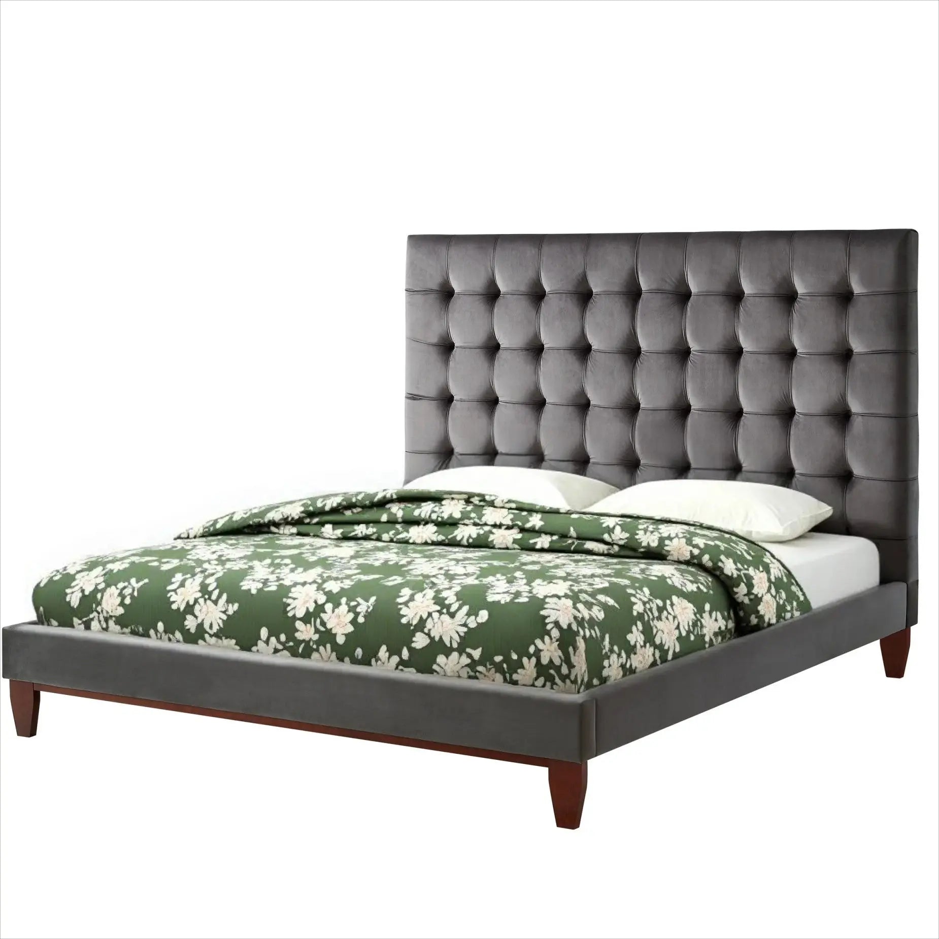 Gray Solid Wood King Tufted Upholstered Velvet Bed Homeroots Bed & Bath