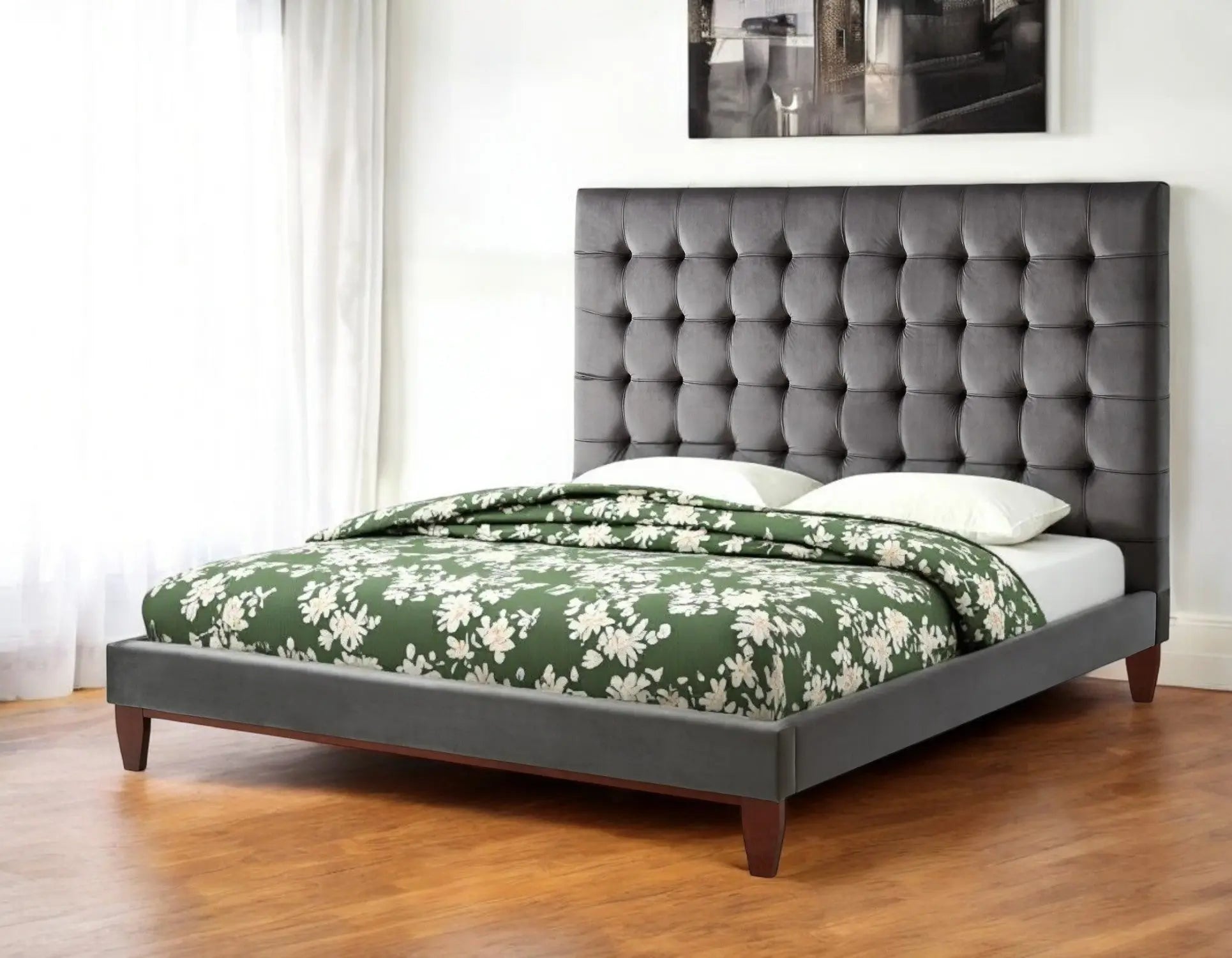 Gray Solid Wood King Tufted Upholstered Velvet Bed Homeroots Bed & Bath