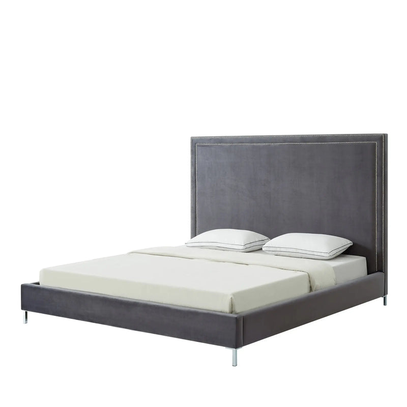 Gray Solid Wood King Upholstered Velvet Bed with Nailhead Trim Homeroots Bed & Bath