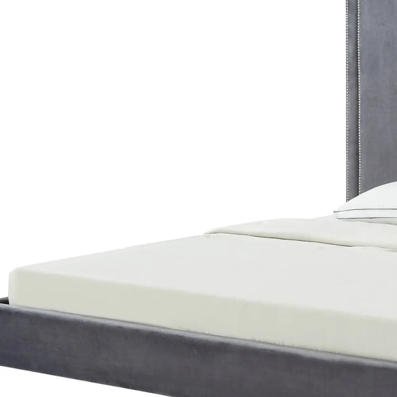 Gray Solid Wood King Upholstered Velvet Bed with Nailhead Trim Homeroots Bed & Bath