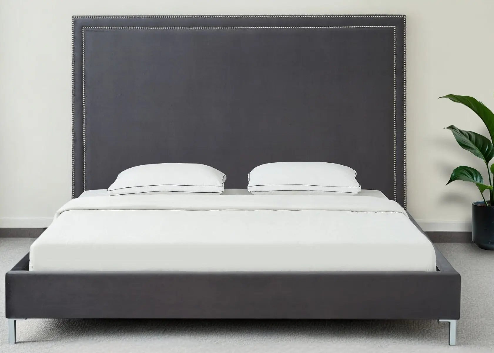 Gray Solid Wood King Upholstered Velvet Bed with Nailhead Trim Homeroots Bed & Bath