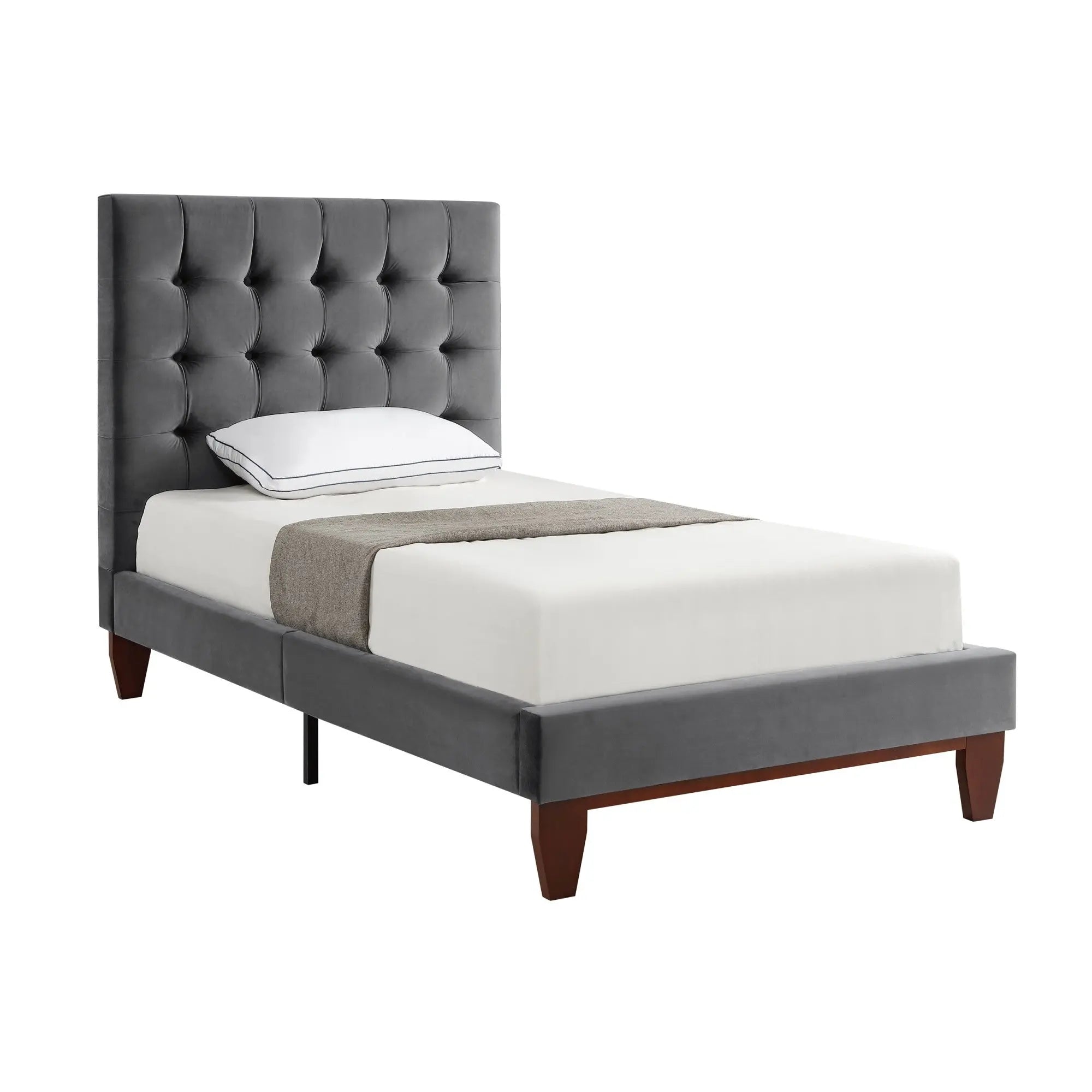 Gray Solid Wood Twin Tufted Upholstered Velvet Bed Homeroots Bed & Bath