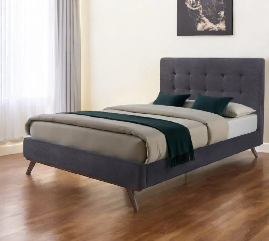 Gray and Brown Wood And Tufted Polyester King Bed Frame Homeroots Bed & Bath