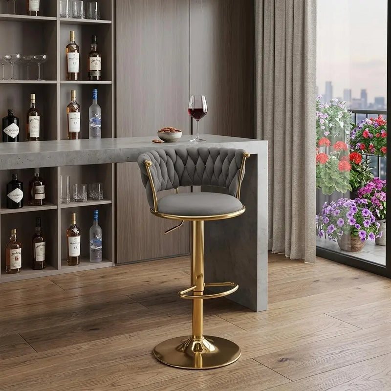 Gray and Gold Velvet and Metal Low Back Adjustable Height Swivel Bar Chair Homeroots Living Room