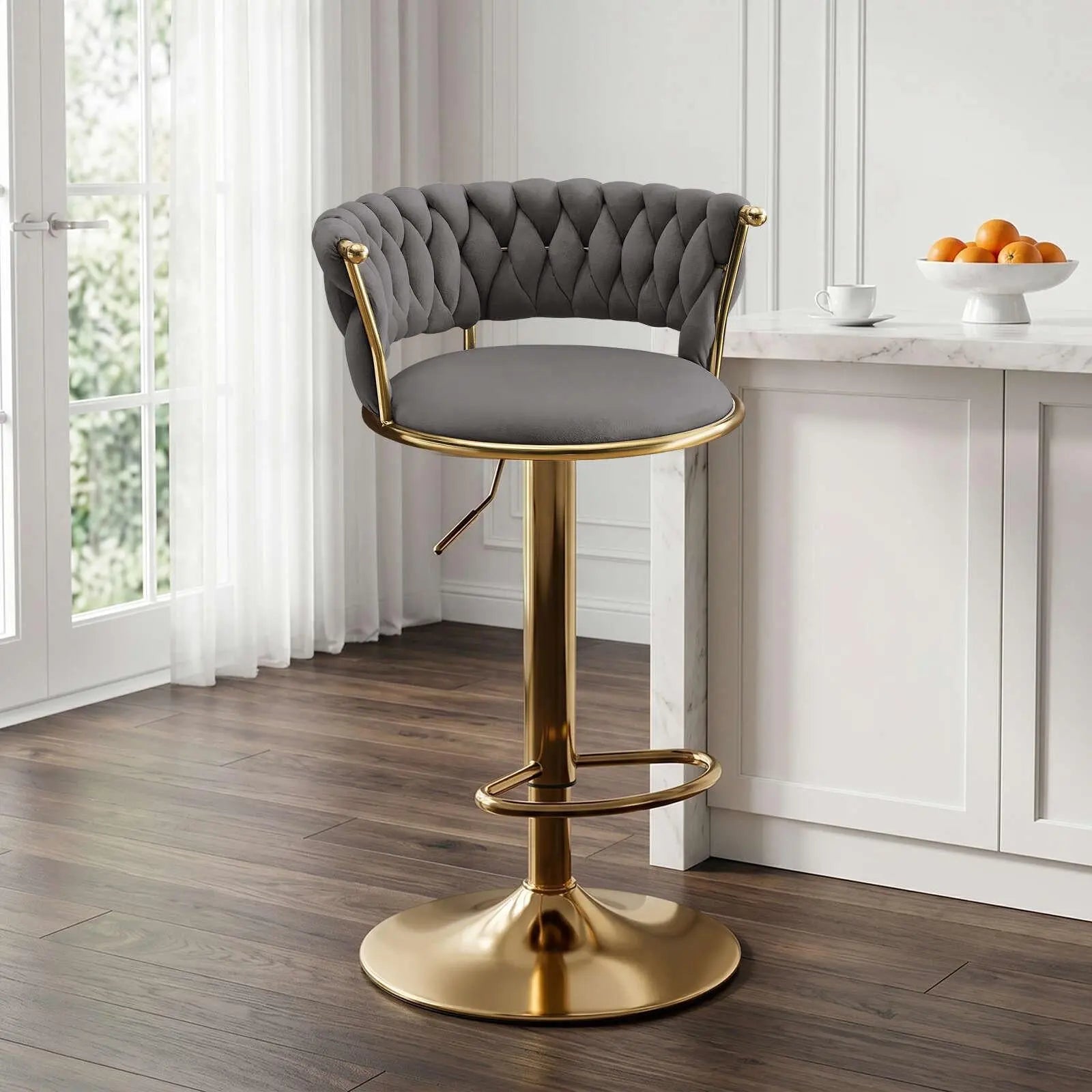 Gray and Gold Velvet and Metal Low Back Adjustable Height Swivel Bar Chair Homeroots Living Room