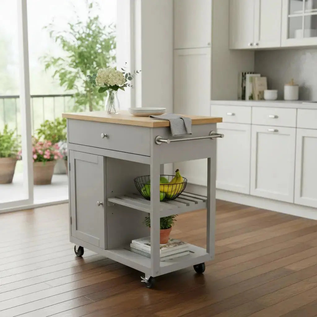 Gray and Natural 35" Rolling Kitchen Island With Storage Homeroots Kitchen & Dining