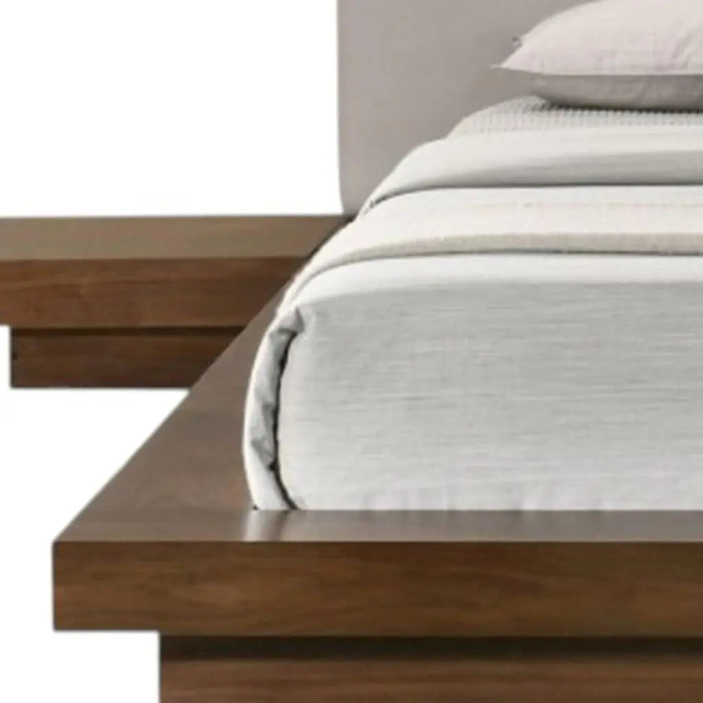 Gray and Walnut Wood And Faux Leather King Bed Frame With Attached Nightstands Homeroots Bed & Bath