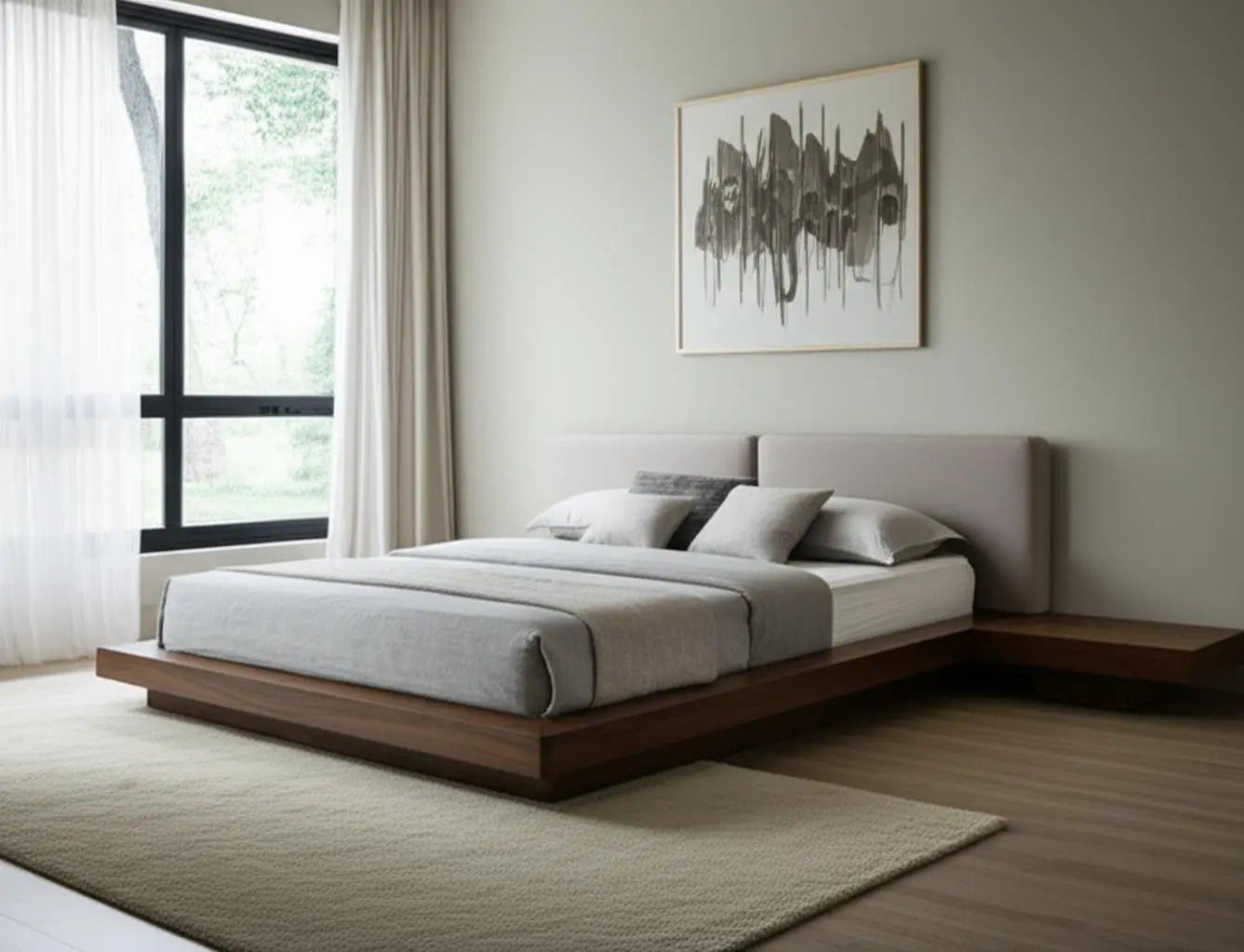 Gray and Walnut Wood And Faux Leather King Bed Frame With Attached Nightstands Homeroots Bed & Bath