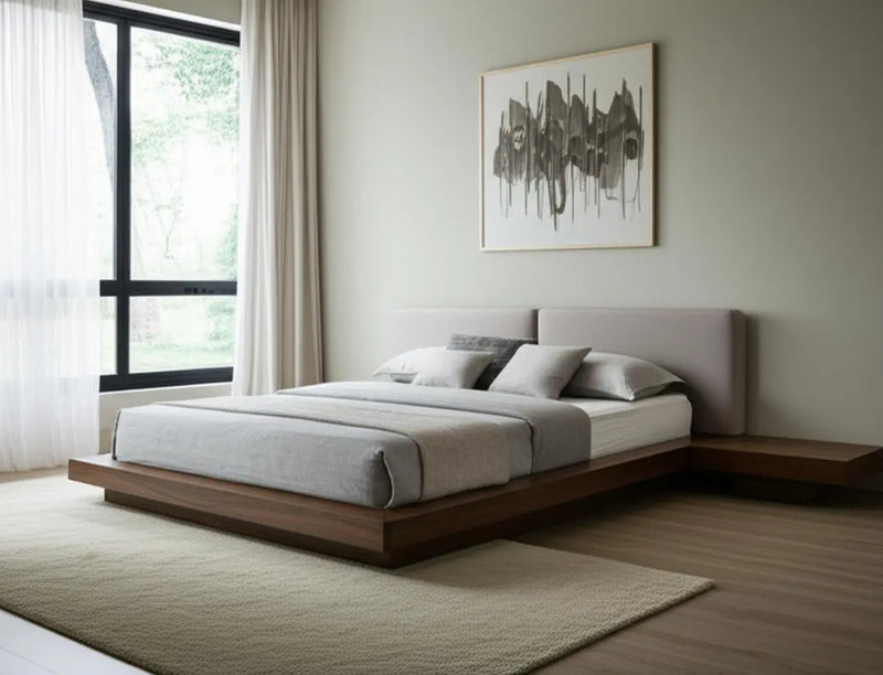 Gray and Walnut Wood And Faux Leather King Bed Frame With Attached Nightstands Homeroots Bed & Bath