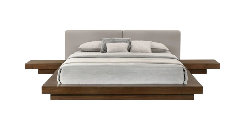 Gray and Walnut Wood And Faux Leather King Bed Frame With Attached Nightstands Homeroots Bed & Bath