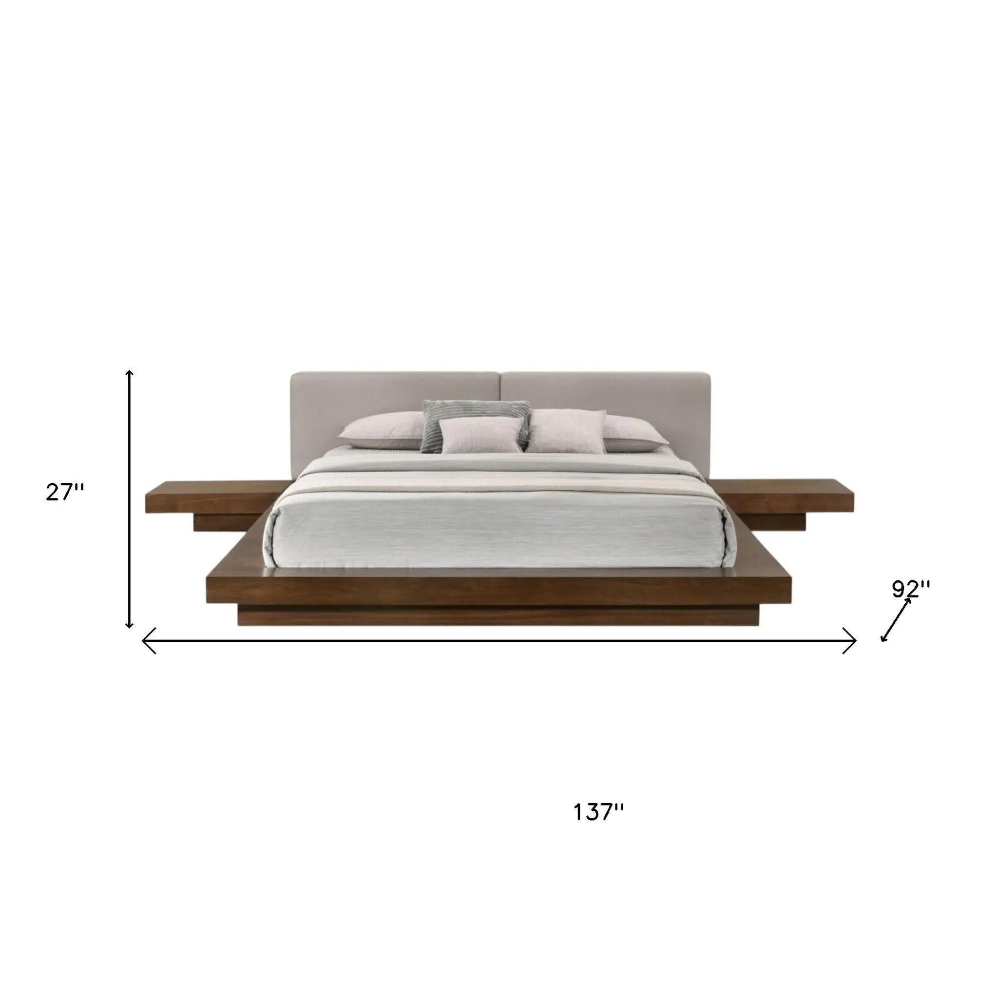 Gray and Walnut Wood And Faux Leather King Bed Frame With Attached Nightstands Homeroots Bed & Bath