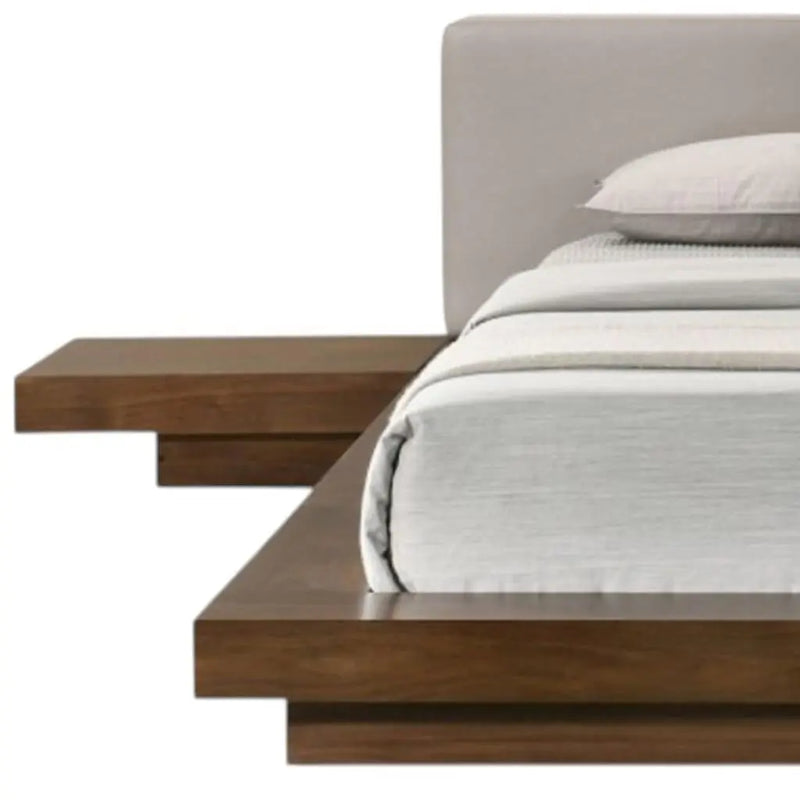 Gray and Walnut Wood And Faux Leather King Bed Frame With Attached Nightstands Homeroots Bed & Bath