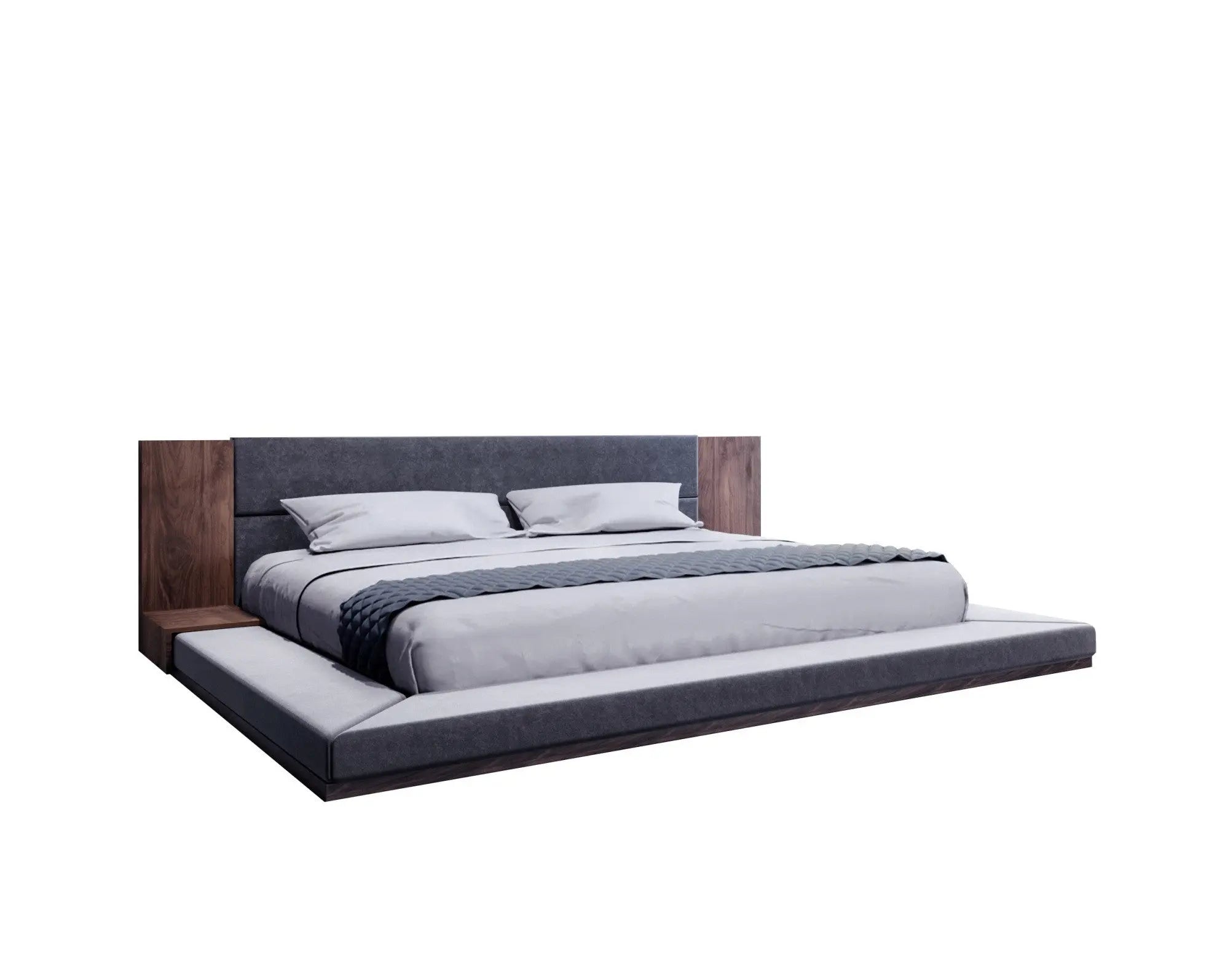 Gray and Walnut Wood And Upholstery Queen Bed Frame With Attached Nightstands Homeroots Bed & Bath