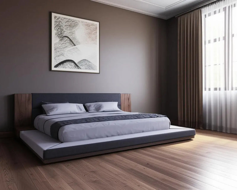 Gray and Walnut Wood And Upholstery Queen Bed Frame With Attached Nightstands Homeroots Bed & Bath