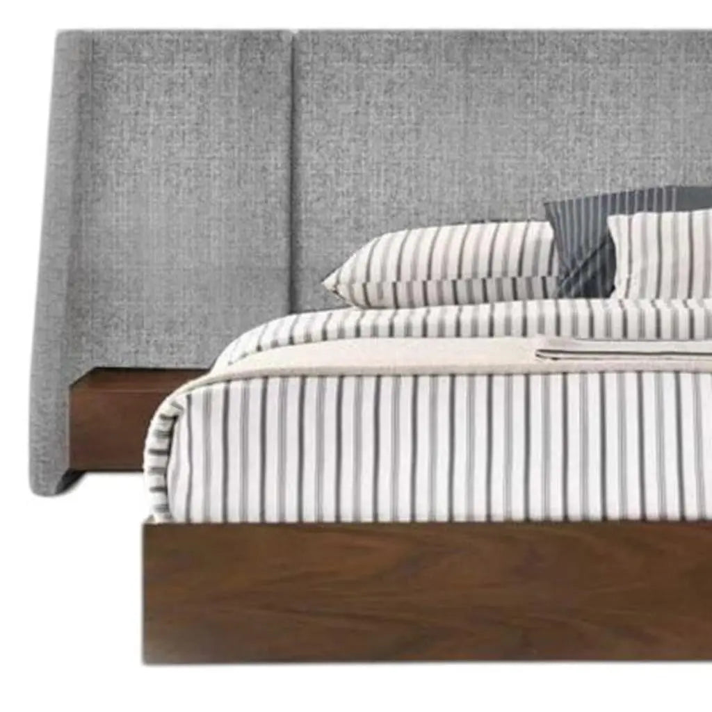 Gray and Walnut Wood And Upholstery Upholstered Queen Bed Frame Homeroots Bed & Bath