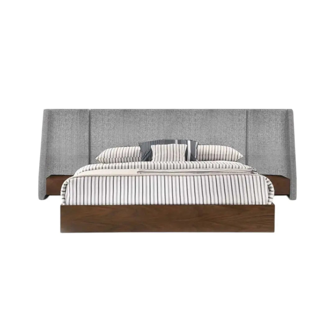 Gray and Walnut Wood And Upholstery Upholstered Queen Bed Frame Homeroots Bed & Bath