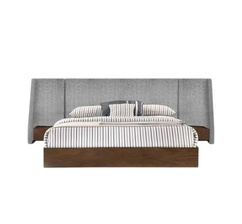 Gray and Walnut Wood And Upholstery Upholstered Queen Bed Frame Homeroots Bed & Bath