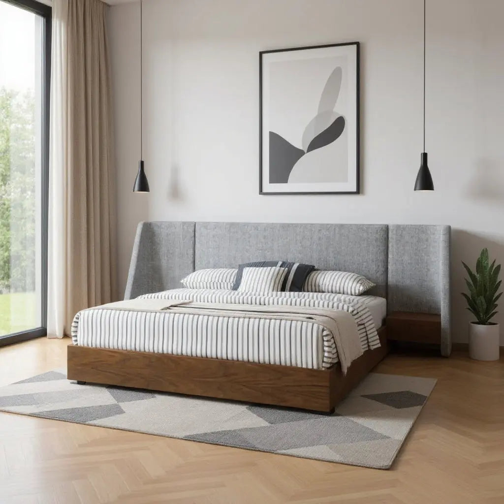 Gray and Walnut Wood And Upholstery Upholstered Queen Bed Frame Homeroots Bed & Bath