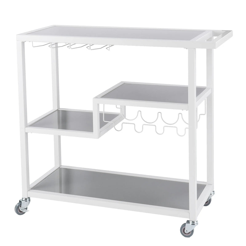 Gray and White Metal And Glass Rolling Bar Cart With Wine Storage Homeroots Kitchen & Dining
