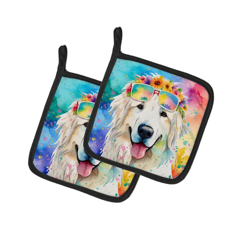 Great Pyrenees Hippie Dawg Pair of Pot Holders Caroline's Treasures