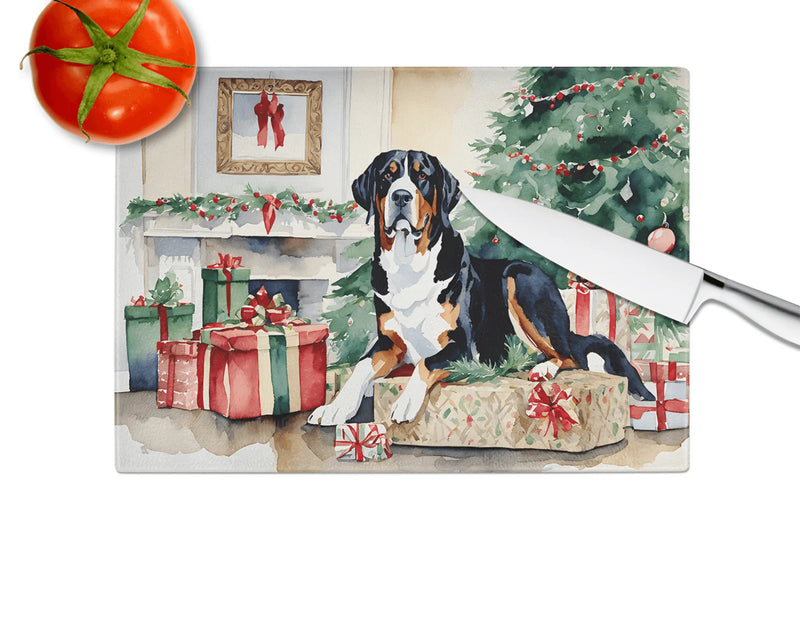 Greater Swiss Mountain Dog Cozy Christmas Glass Cutting Board Caroline's Treasures