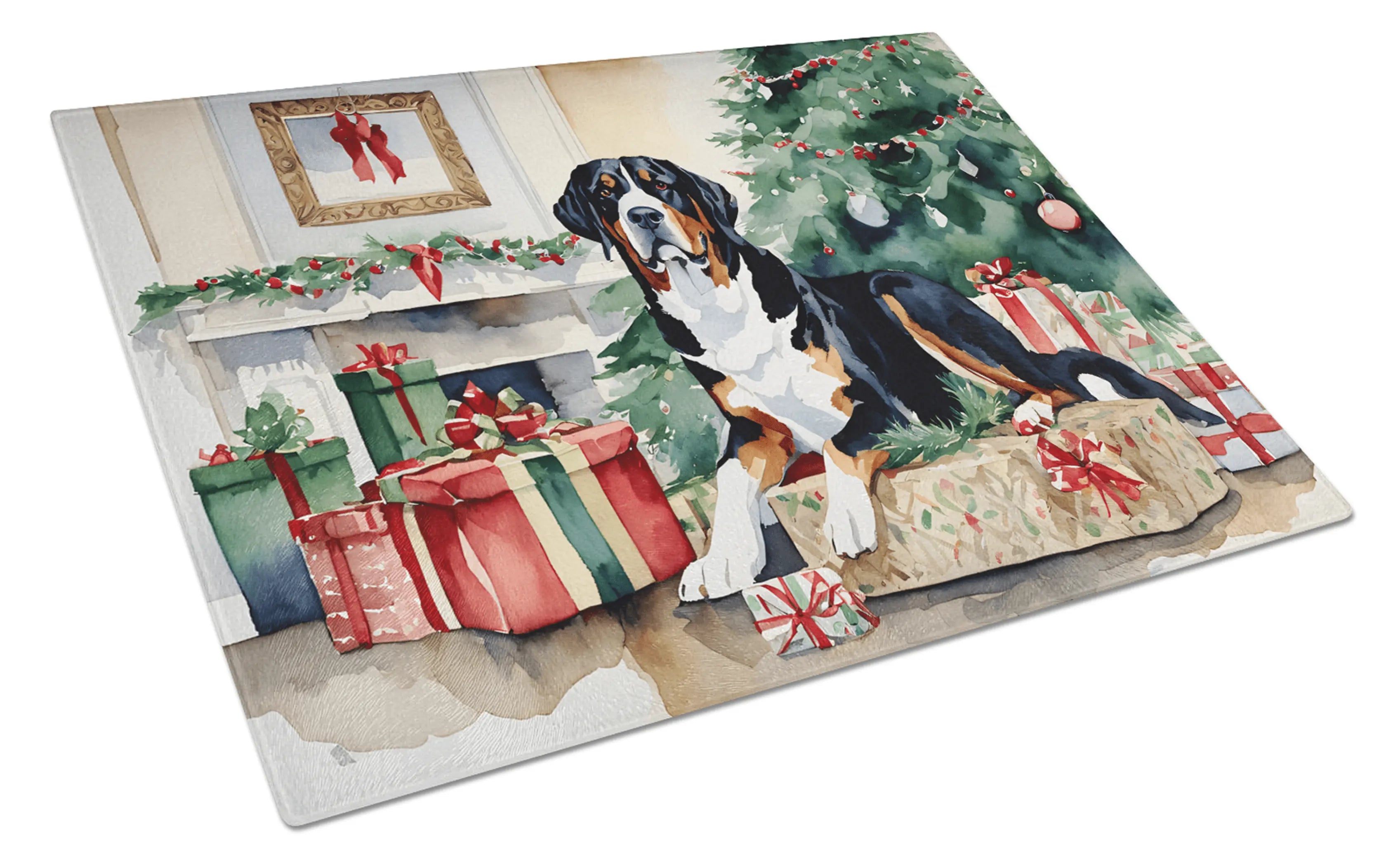 Greater Swiss Mountain Dog Cozy Christmas Glass Cutting Board Caroline's Treasures