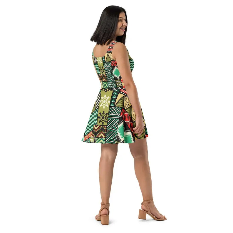 Green African Fabric Patch Work Skater Dress Adirelounge