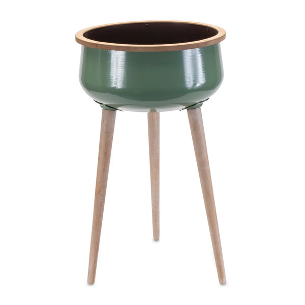 Green And Natural Metal And Wood 130 Ounce Round Elevated Planter Homeroots Home Decor