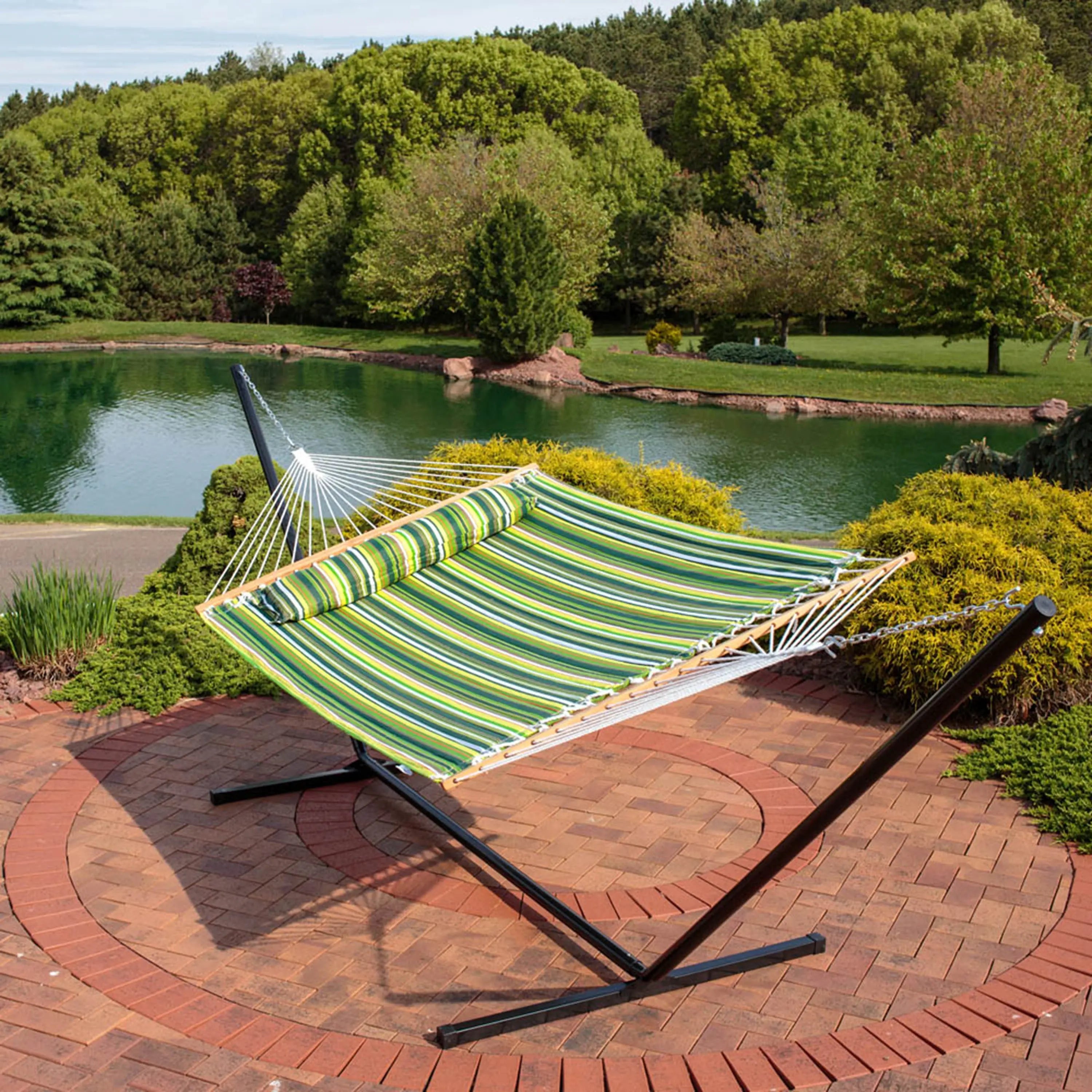 Green And Yellow Striped Double Hammock Homeroots Outdoor