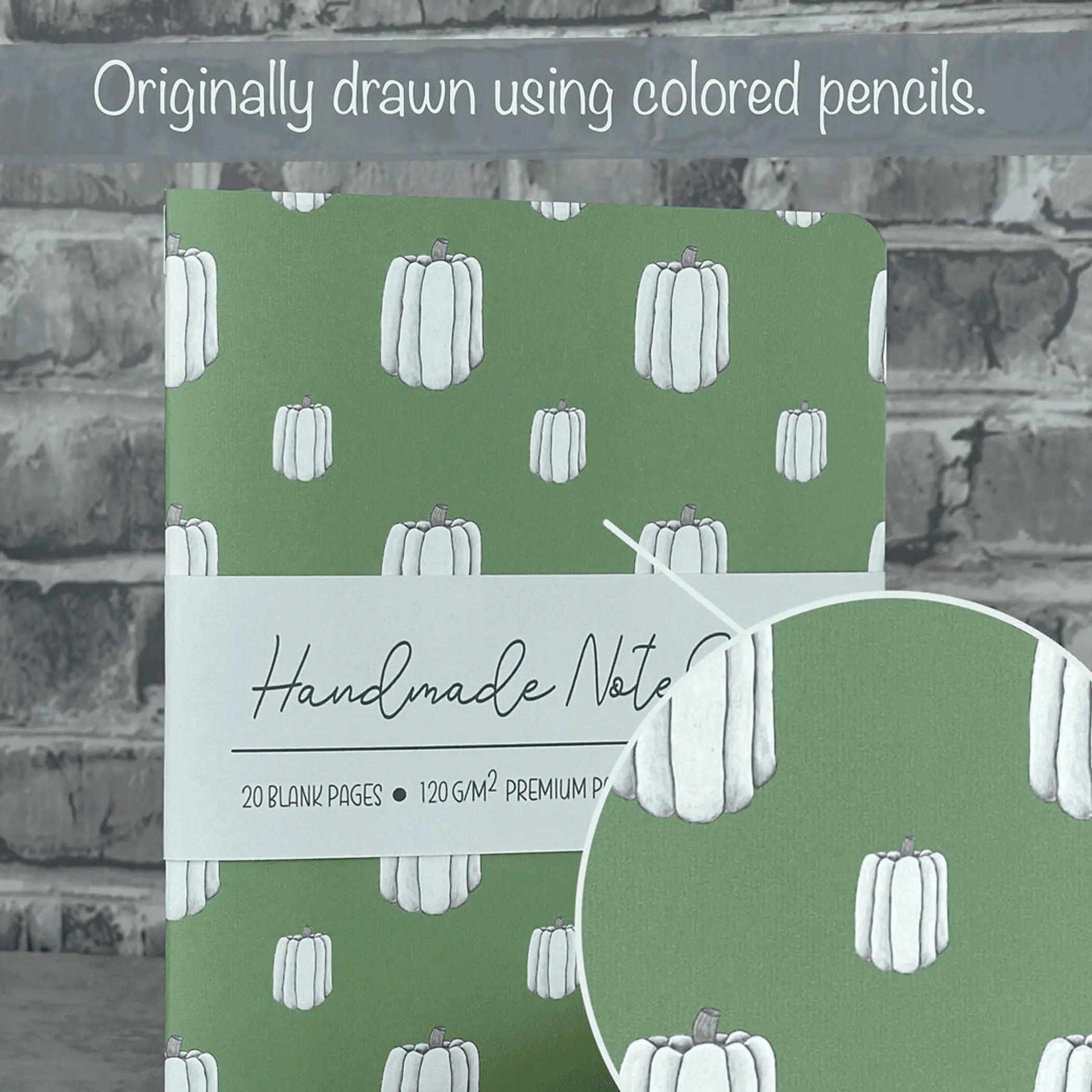 Green White Pumpkins Pattern - A5 ish sizeHandmade Saddle Bound Notebook Art by Erica H