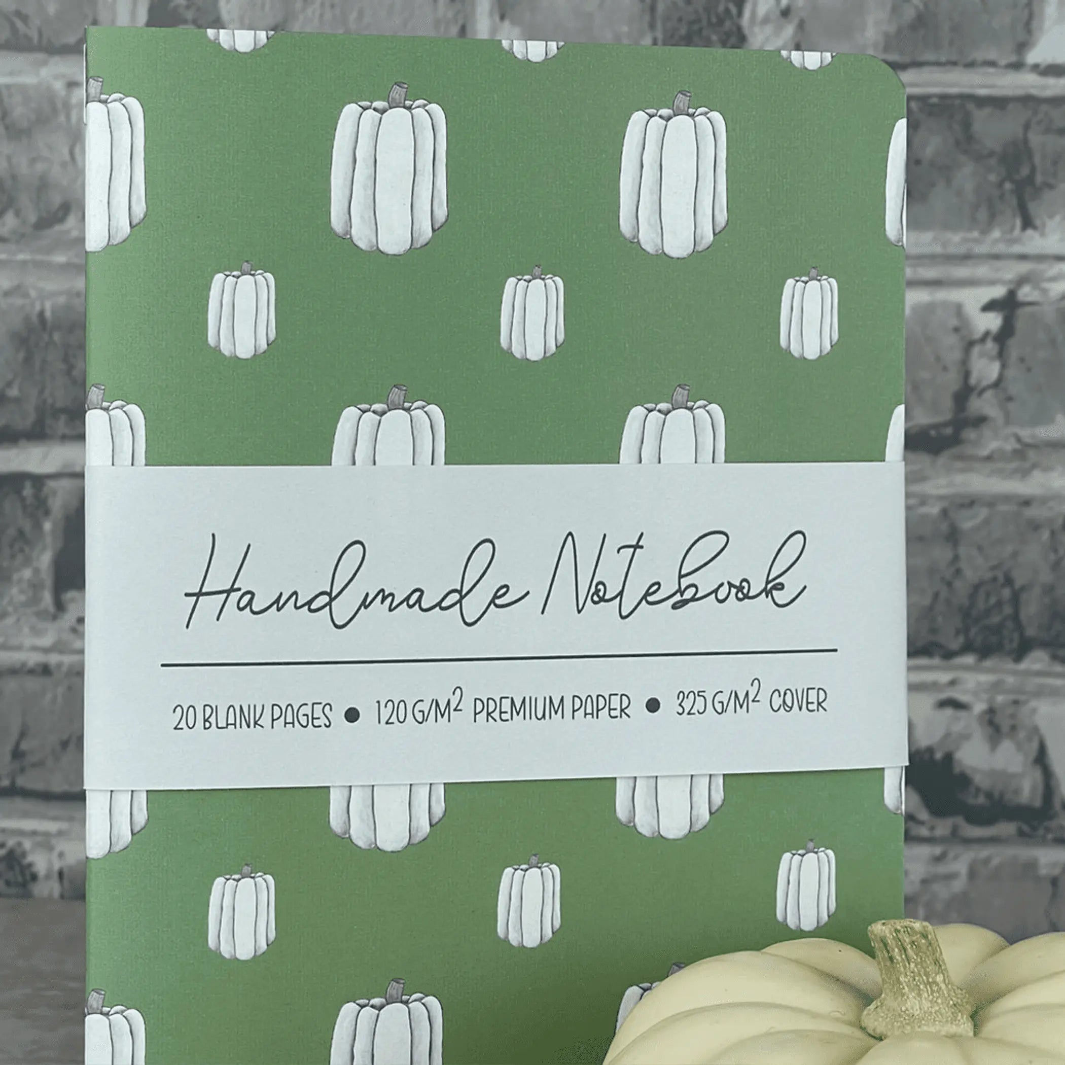 Green White Pumpkins Pattern - A5 ish sizeHandmade Saddle Bound Notebook Art by Erica H
