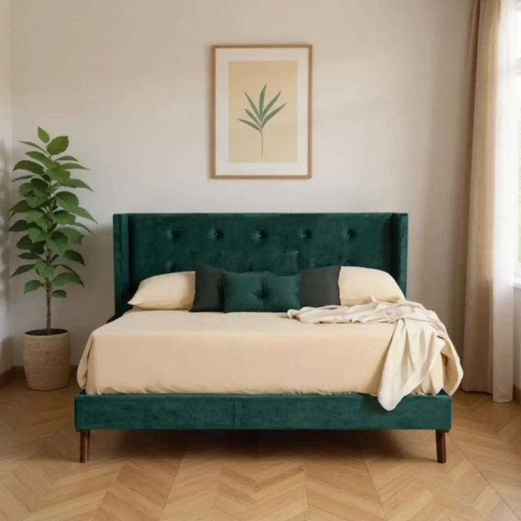 Green Wood And Tufted Velvet King Bed Frame Homeroots Bed & Bath