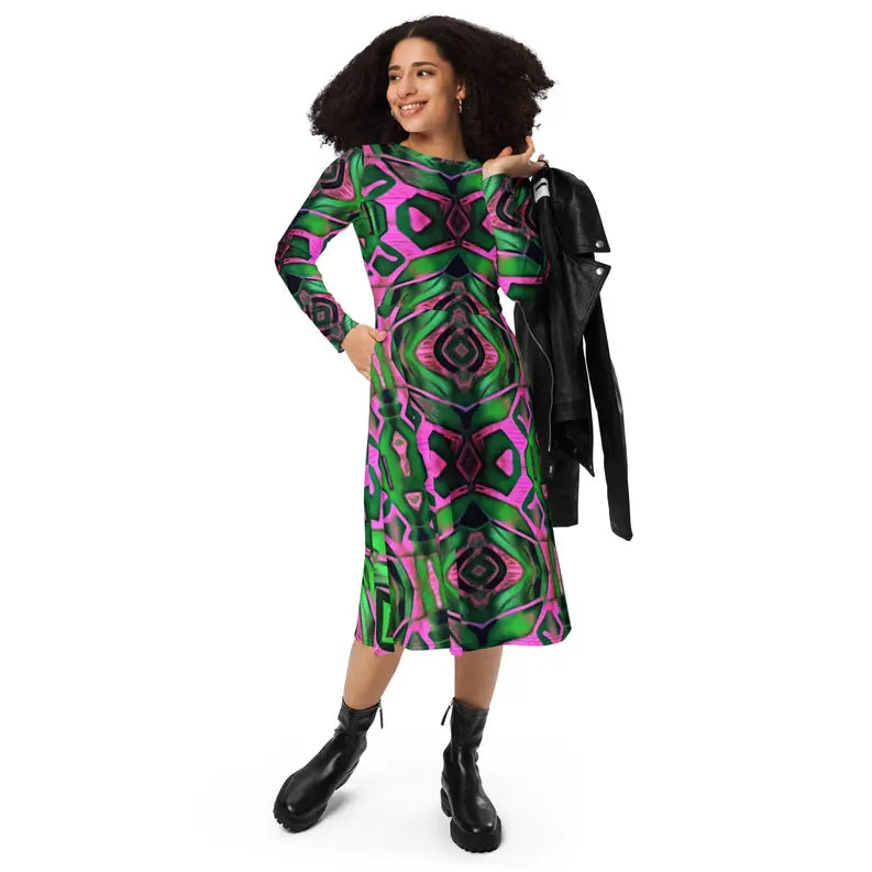Green and Pink Batik Print Longsleeve Midi Dress Adirelounge