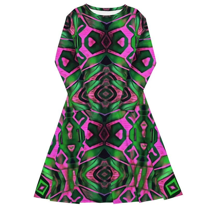 Green and Pink Batik Print Longsleeve Midi Dress Adirelounge