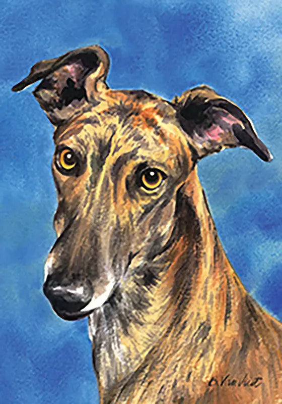 Brindle Greyhound portrait art print on blue background, perfect for dog lovers and home decor enthusiasts.