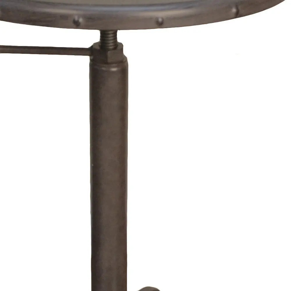 Gunmetal and Brown Iron Height Adjustable Round Pedestal End Table Homeroots Living Room