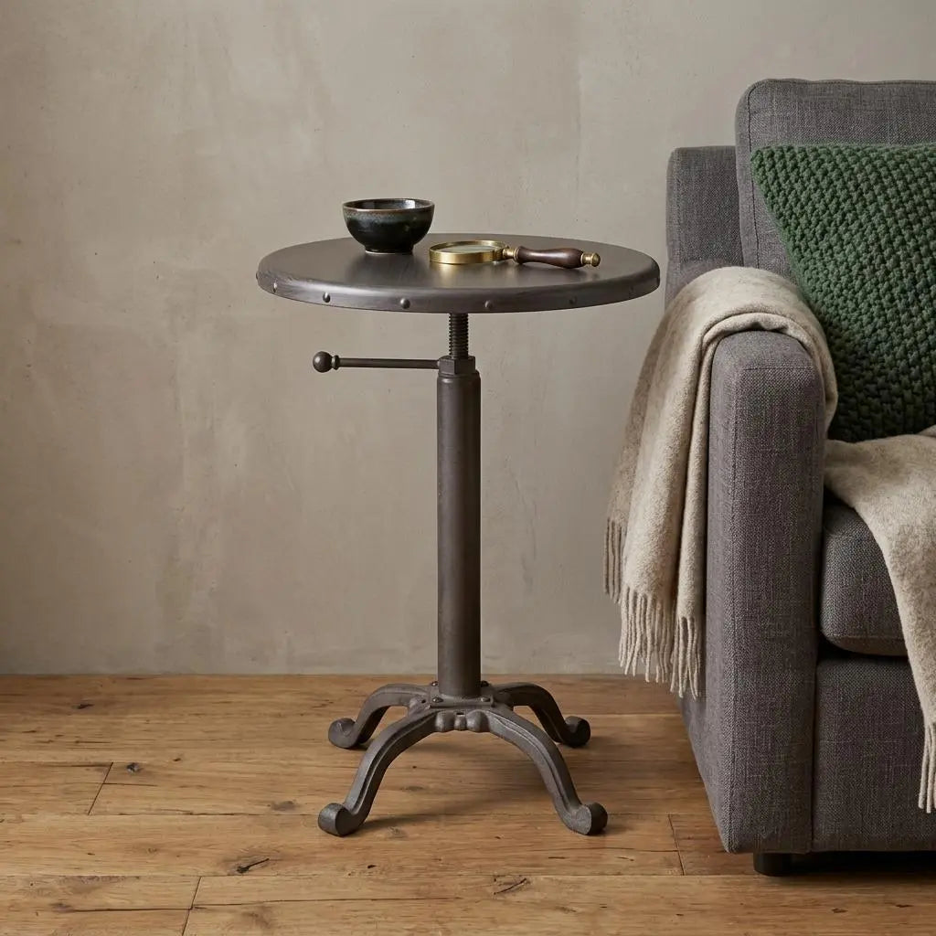 Gunmetal and Brown Iron Height Adjustable Round Pedestal End Table Homeroots Living Room