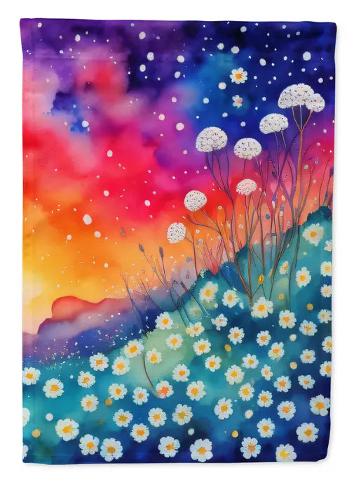 Vibrant watercolor scarf with multicolored floral design, featuring blue, purple, and orange hues. Perfect for stylish outfits.