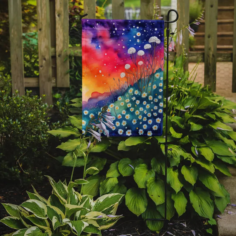 Vibrant garden flag with floral design, featuring colorful sunset hues, made of durable fabric. Perfect for outdoor decor.