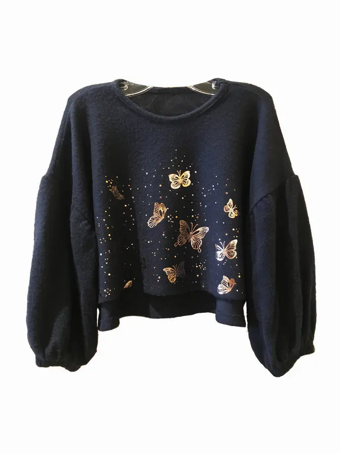 Hacci Top With Butterfly Graphic, High/Low Hem And Faux Side Ties Little Mass