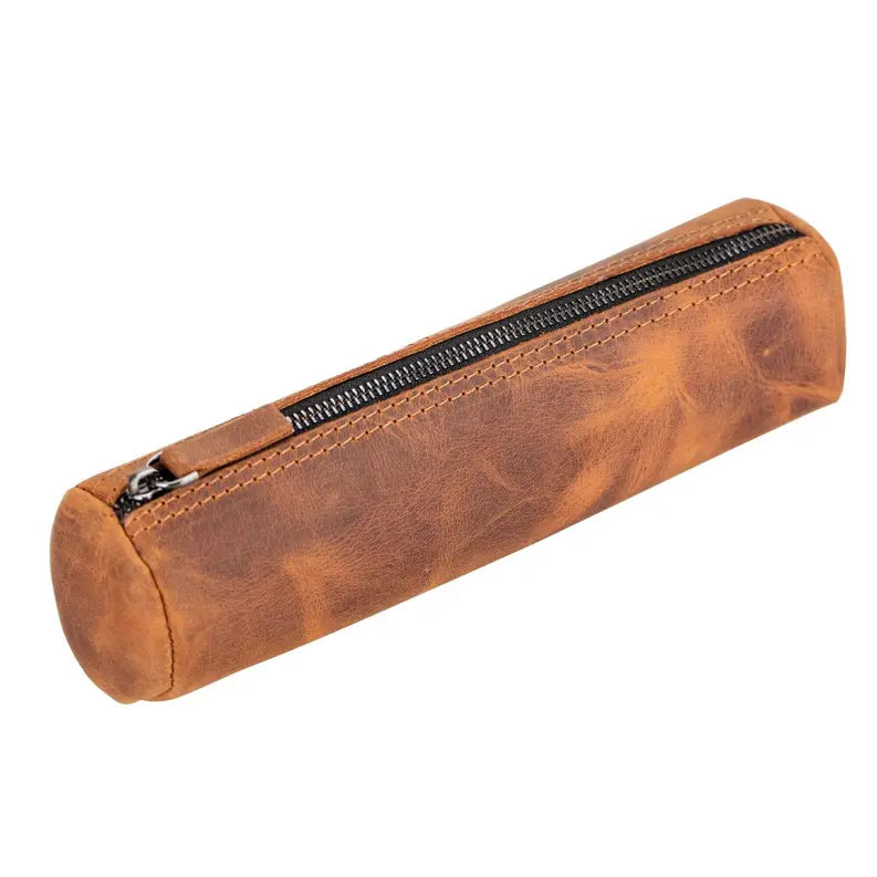Brown leather pencil case with a sleek design and zip closure. Ideal for school or office use.