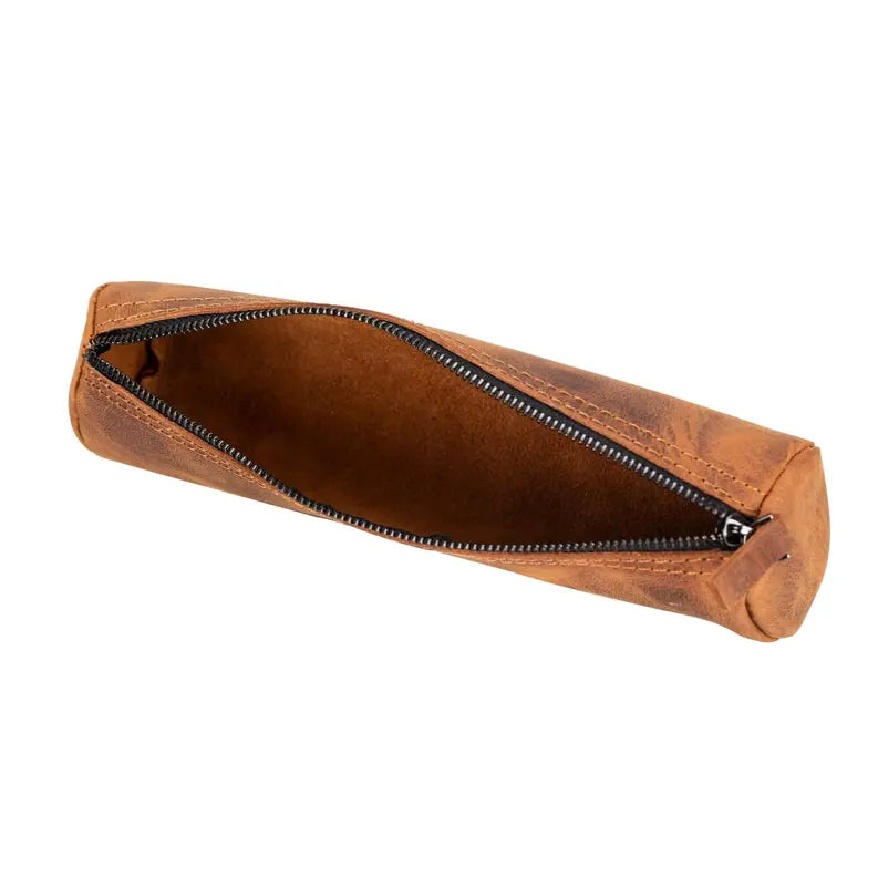 Brown leather pencil case with a zipper, featuring a soft suede interior and sleek, minimalist design.