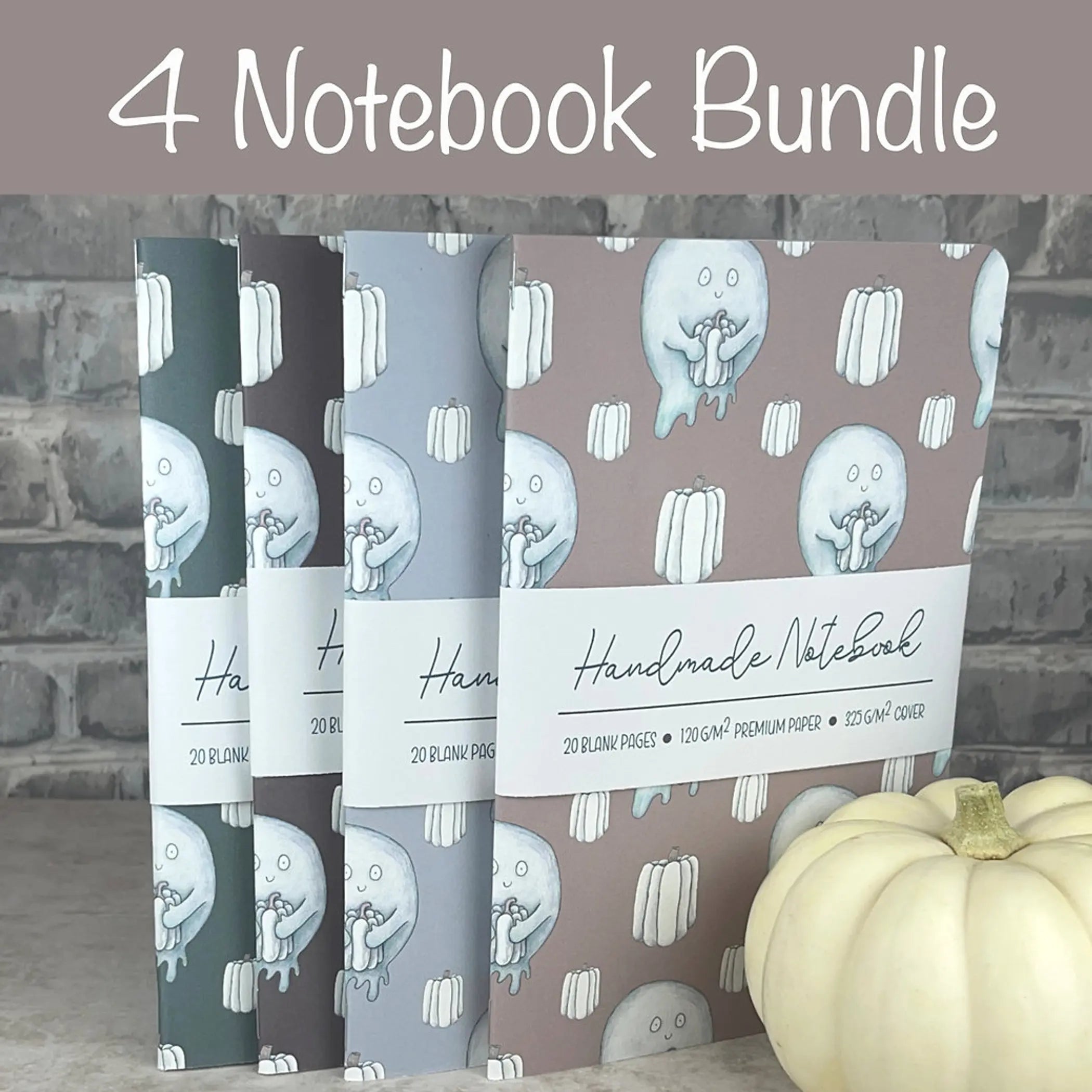 Handmade Saddle Bound Notebooks- Pumpkin  & Ghosts Pattern - 4 Notebook Bundle Art by Erica H