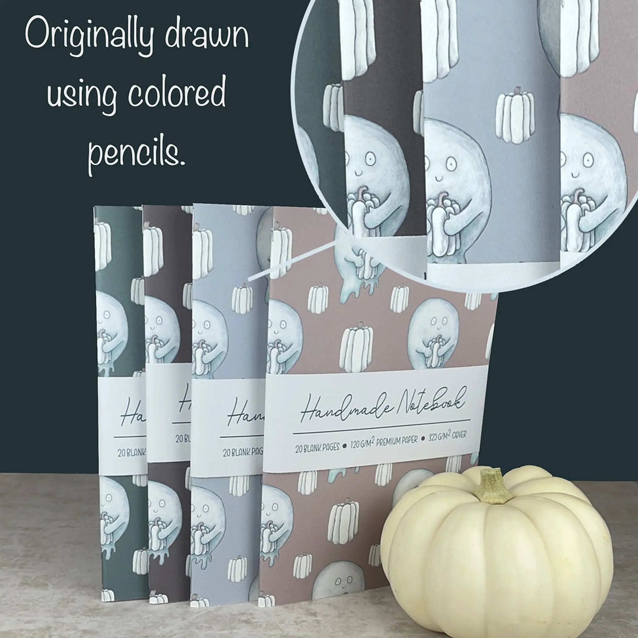 Handmade Saddle Bound Notebooks- Pumpkin  & Ghosts Pattern - 4 Notebook Bundle Art by Erica H
